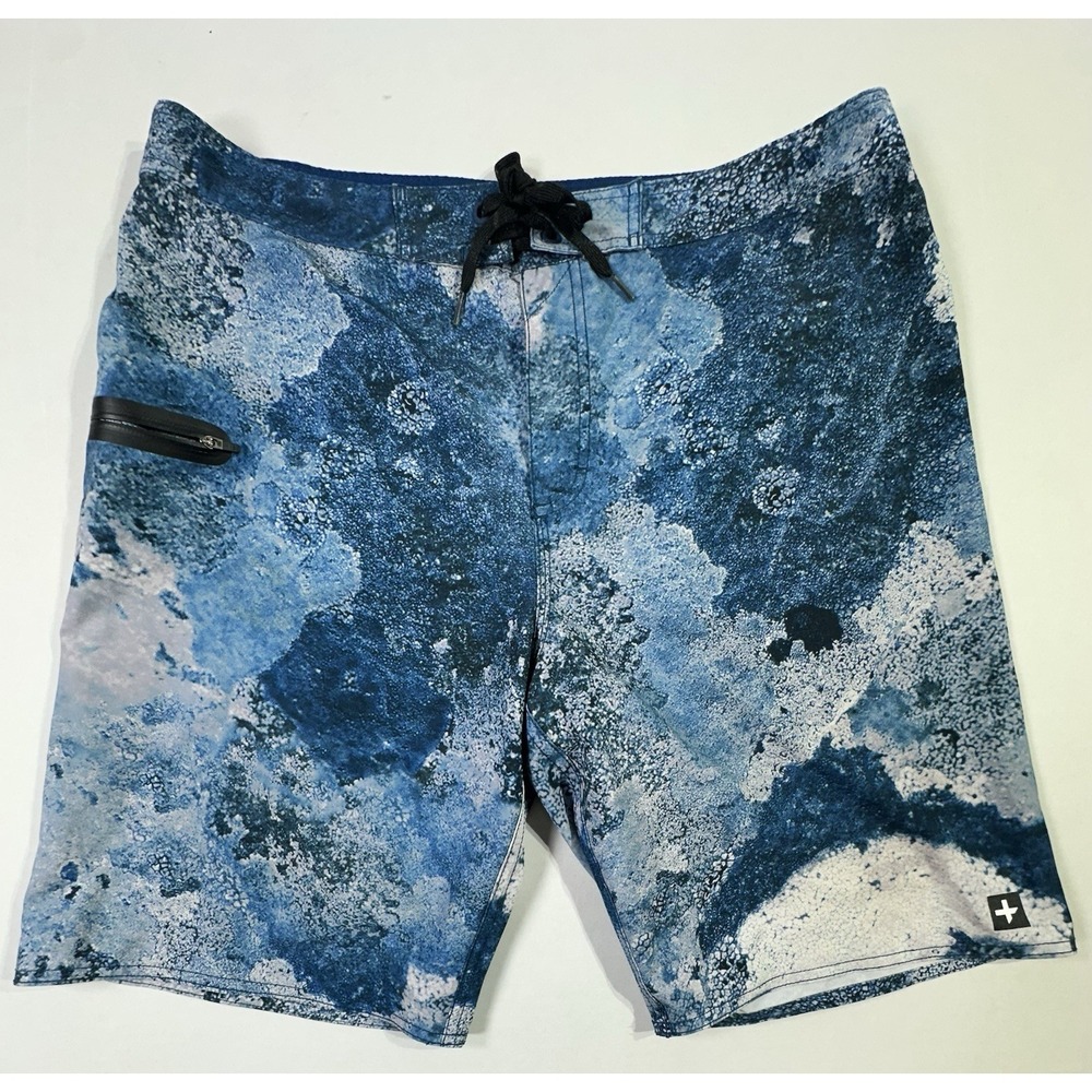 Tavik Board Shorts Mens 36 Blue Abstract Ocean Print Swim Trunks Zipper Pocket